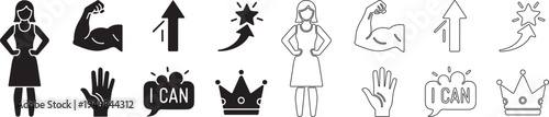 Women Empowerment Vector Icon Set, Solid and Line Style, with Strong Woman, Bicep, Crown, and 'I CAN' Message isolated PNG with Transparent Background