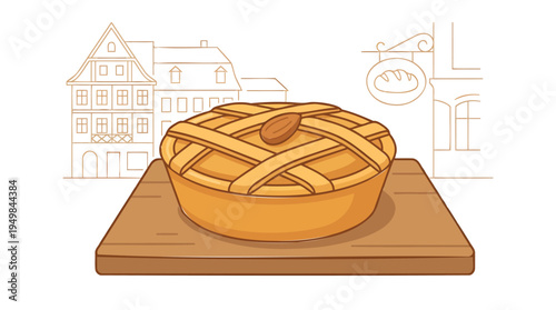 A delicious pie sits on a wooden board in a quaint town scene