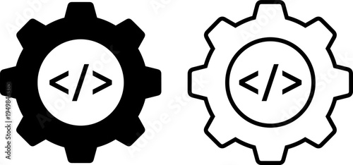 Contrasting gear icons representing coding and development concepts in black and white styles
