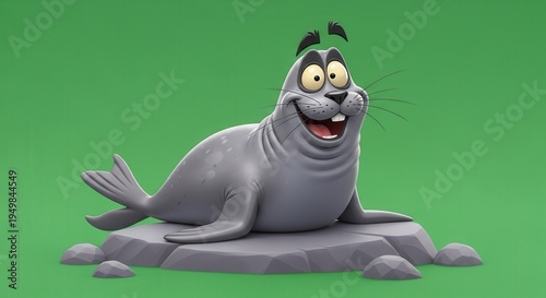 Playful Animated Seal Character Sitting on Rock with Green Background
