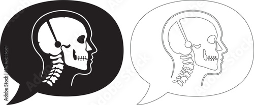 Black and White Human Head Profile with Skull and Spine in Speech Bubbles Vector Graphic isolated PNG with Transparent Background