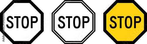 Three variations of stop signs displayed side by side for comparison of design and color.