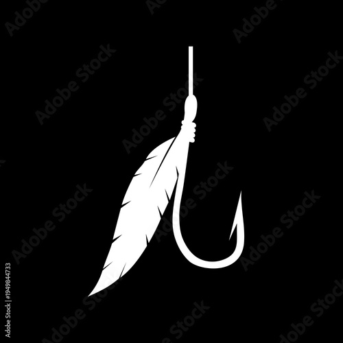 Fishing hook with feather icon isolated on black background