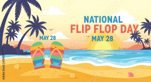 National flip flop day celebration on a sunny beach with colorful flip flops and palm trees on may 28