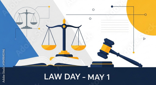 Law day may 1st illustration with scales gavel and book on desk for legal concepts