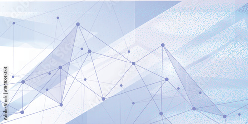 Blue abstract network background with connected dots and lines, low poly geometric digital data visualization with halftone texture