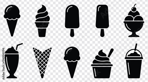 Collection of various ice cream and frozen dessert illustrations featuring different styles and serving formats