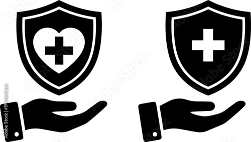 Healthcare and protection symbols held by hands representing medical security and assistance