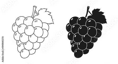 A simple black and white illustration depicts two bunches of grapes one light and one dark showcasing a contrasting design