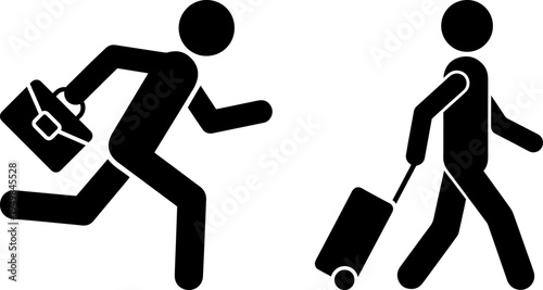 Two travelers rushing with their luggage in opposite directions