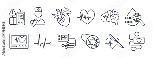 Cardiovascular line icon set. Hypertension meter, blood pressure monitor, heart attack, cholesterol test, cardiac surgery, EKG vector illustration. Outline signs for cardiology. Editable Stroke.