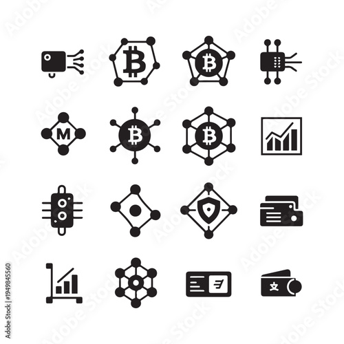 Bitcoin Blockchain Technology Icon Set Cryptocurrency Mining Network Security Finance Vector Collection.