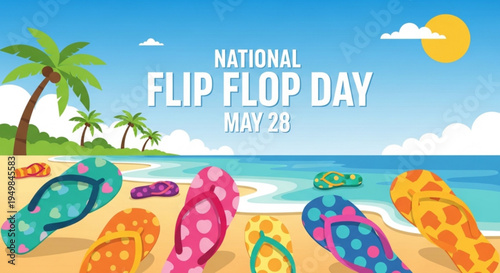 National flip flop day celebration on a sunny beach with colorful flip flops and palm trees on may 28