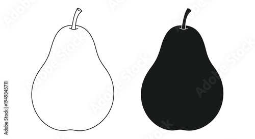 A simple black and white illustration showcases two pear shapes one outlined and one solid presenting a contrast in form