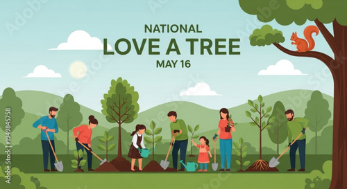 People of all ages planting trees together outdoors in a park on national love a tree day