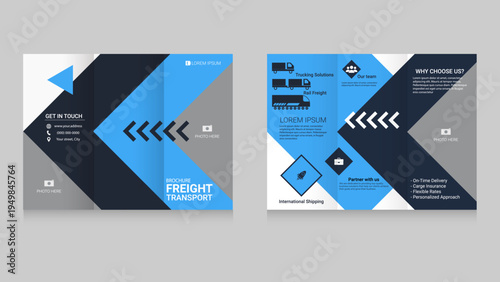 Professional vector trifold brochure layout for global shipping, trucking, and freight delivery services