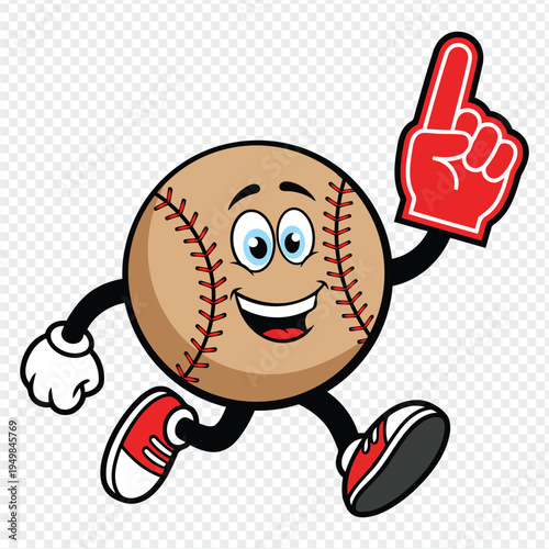 Enthusiastic cartoon baseball character wearing a red foam finger and sneakers happily running and celebrating a victory