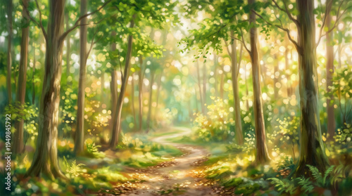 Serene Forest Path During Sunrise with Sunlight Filtering Through Trees