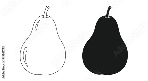 A minimalist illustration depicts two pears one outlined in white and the other filled with solid black against a white background