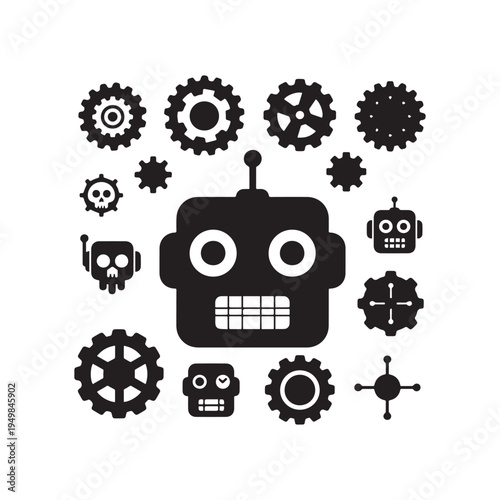 Robot Heads and Mechanical Gears Silhouette Collection for Industrial and Technology Design. 