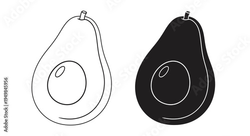 A simple black and white illustration depicts two avocados one outlined and one filled showcasing contrast and organic form high quality