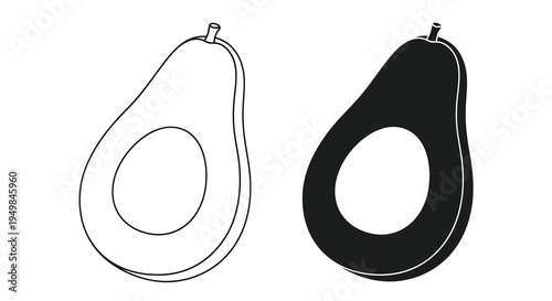 A simple black and white illustration depicts two avocado halves one light and one dark emphasizing their distinct forms high quality