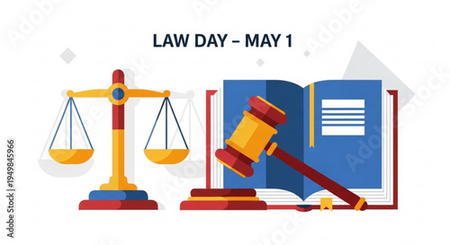 Law day may 1st illustration with gavel scales of justice and legal book symbolizing justice and law
