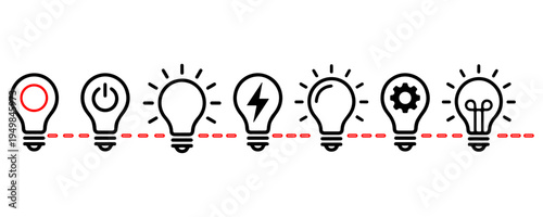 Creative Light Bulb Icon Set – Innovation, Ideas, Energy, Brainstorming, Power, Lightning, Gear, Filament, Minimal Vector Design for Business, Technology, and Creativity Concepts