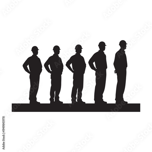  Silhouette of Construction Workers Standing in a Row Wearing Hard Hat Helmets.