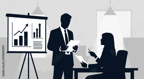 Business professionals discussing growth charts in modern office setting