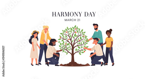 Illustration of diverse people celebrating Harmony Day by planting a tree, symbolizing unity and peaceful coexistence in a multicultural community.