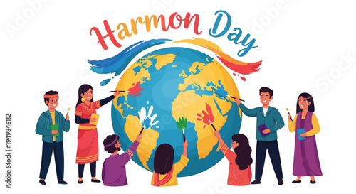 Illustration of diverse people celebrating Harmony Day with a colorful globe and hands, symbolizing unity in diversity and peaceful coexistence in a vibrant, multicultural setting.
