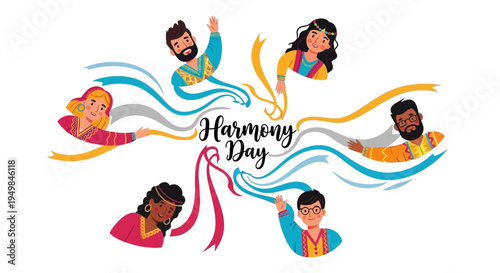 Illustration of diverse people celebrating Harmony Day with colorful ribbons and joyful expressions on a white background.