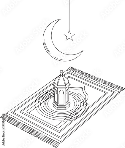 A black and white drawing of a mosque on a prayer mat with a crescent moon