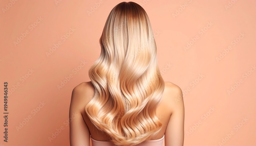 Naklejka premium A woman with long blonde hair against a peach background