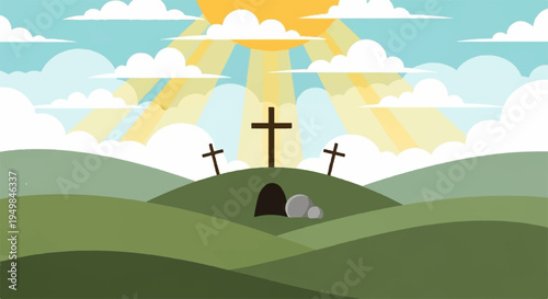 Easter sunrise with three crosses on hill empty tomb and green landscape
