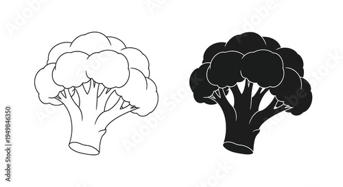 A simple black and white illustration depicts two broccoli florets one light and one dark showcasing a contrasting design high quality