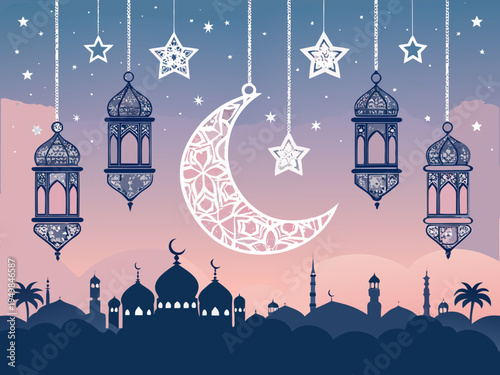 Festive islamic eid al fitr celebration with traditional crescent moon ornate hanging lanterns and star decorations illuminating a silhouette cityscape of mosque domes