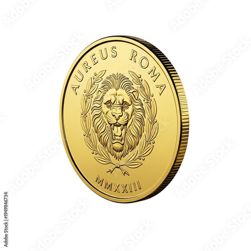 Golden Commemorative Coin Depicting Lion Head and Aureus Roma Mark