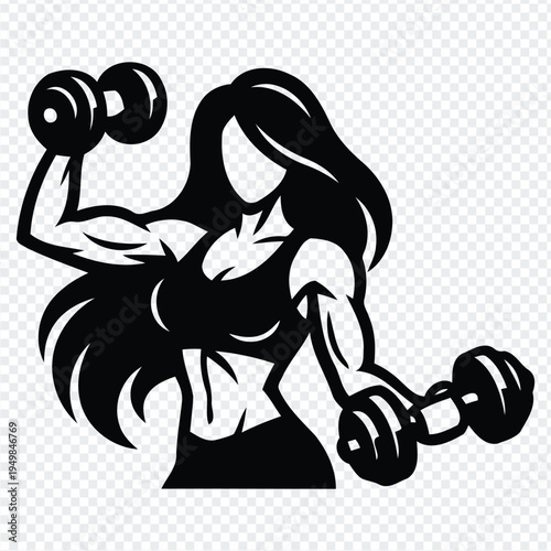 Strong woman lifting dumbbells in workout pose isolated graphic illustration