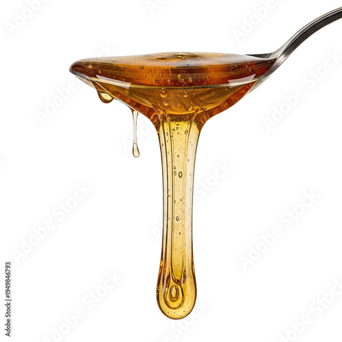 Golden honey dripping from a spoon isolated on a transparent background