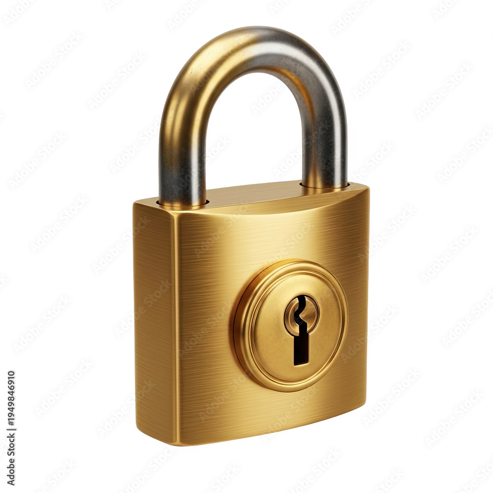 Naklejka premium Golden metallic padlock isolated against transparent background security protection symbol