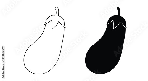 A simple illustration depicts two eggplants one white with black outlines and the other solid black showcasing contrasting forms