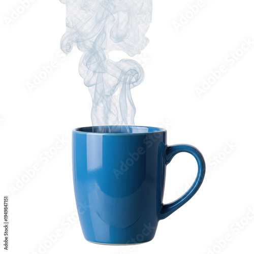 Hot beverage in a blue mug with rising steam isolated