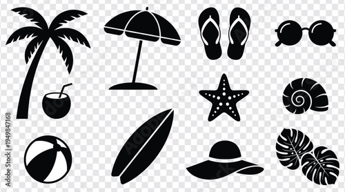 Vintage style beach vacation icons featuring palm tree umbrella flip flops hat snorkel and seashells