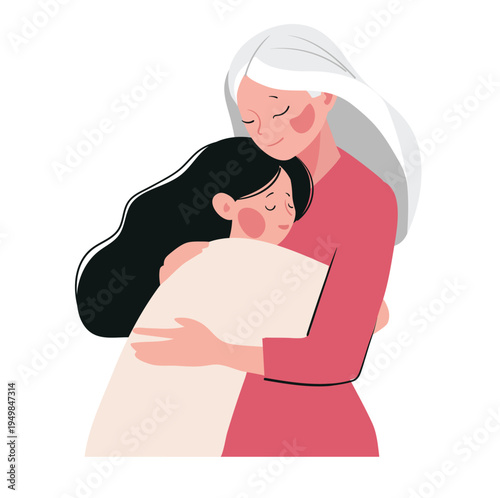 Grandmother hugging her granddaughter. Mother and daughter. Flat vector illustration isolated on white background. Concept of family, intergenerational relationships, mother and child. 