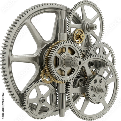 Intricate arrangement of metallic gears interlocking for mechanical efficiency and teamwork