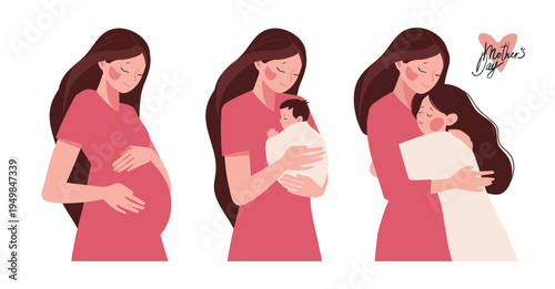 Pregnant woman, mother holding newborn baby, mother hugging child. Flat vector illustration with copy space. Motherhood and family care concept, Mother's Day.