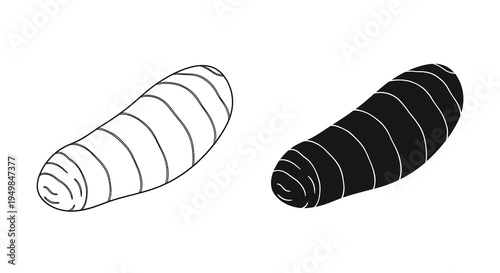 A black and white illustration depicts two rolled up carpets one light and one dark with a striped pattern high quality professional