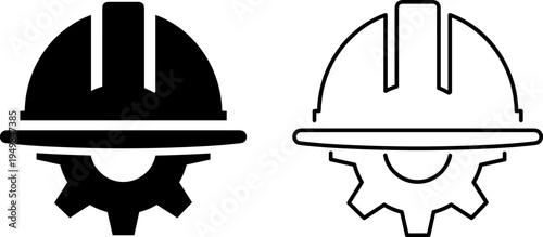 Comparison of filled and outlined safety helmet icons with gear symbols underneath